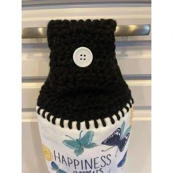 Crochet Top Kitchen Towel- Happiness Grows Here Butterflies Flowers Antique Car - Picture 2 of 3